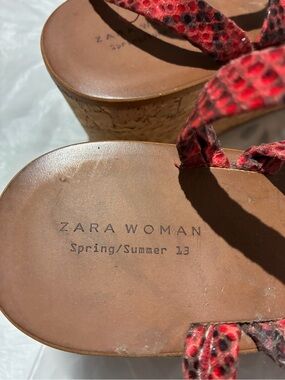 Zara Red Snake-Print Cork Wedge Sandals